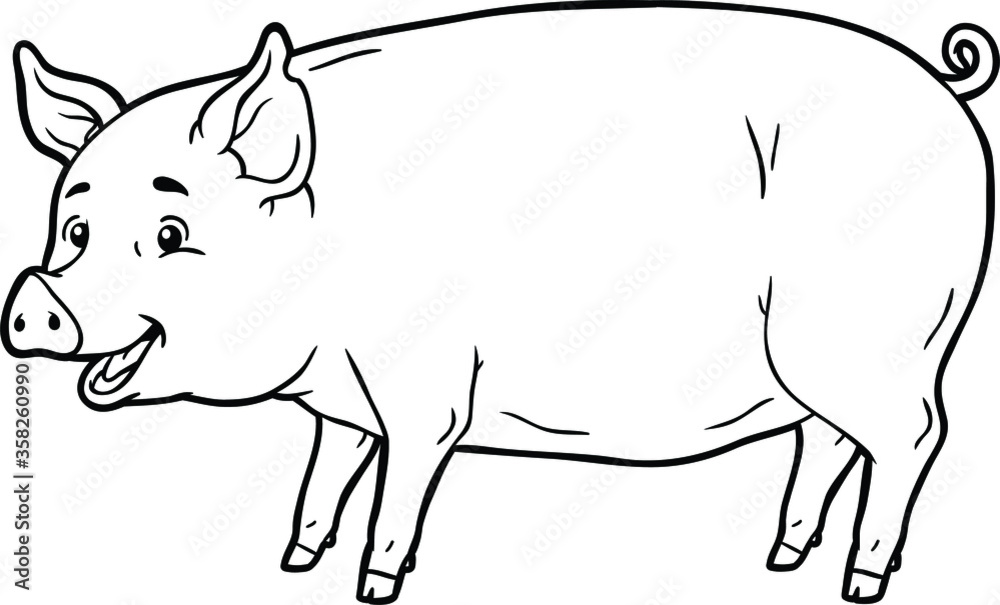 Fototapeta Wektor kreskówka szczęśliwy świnia linia sztuki