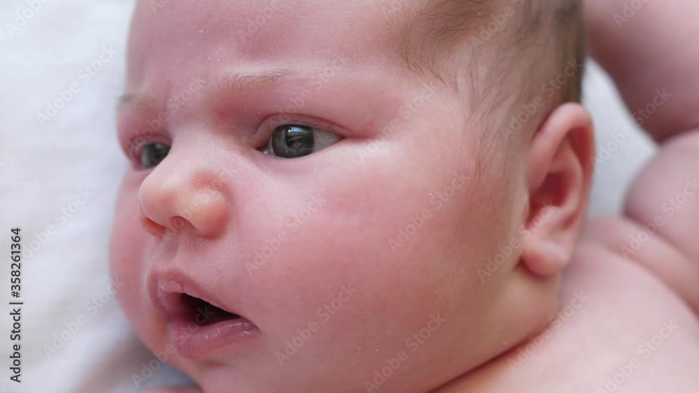 closeup Authentic portrait of newborn baby face eyes looking closeup Authentic portrait of newborn baby face eyes looking
