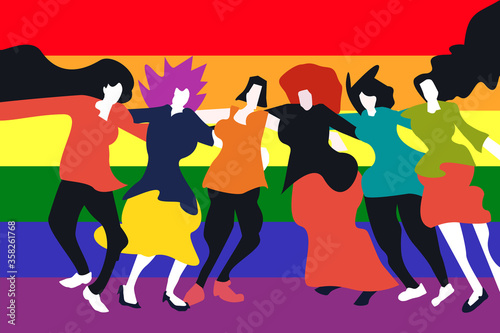 Illustration of dancing people in front of the Rainbow flag. Concept for LGBT pride parade