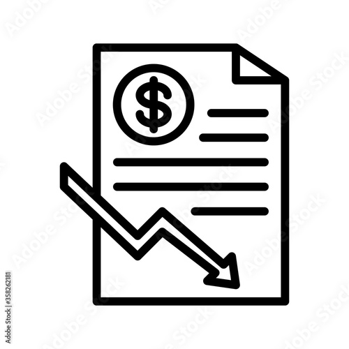 Dollar rate decrease vector line icon. Money symbol with down arrow. Stock exchange linear icon, sign, symbol, vector on isolated background. Editable stroke
