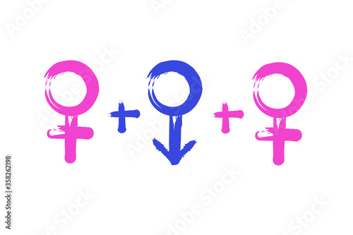 Symbol of polyamorous and polygamous relationships. Male sex symbol plus two pink female sex symbols.The concept of modern relations. Flat vector illustration photo