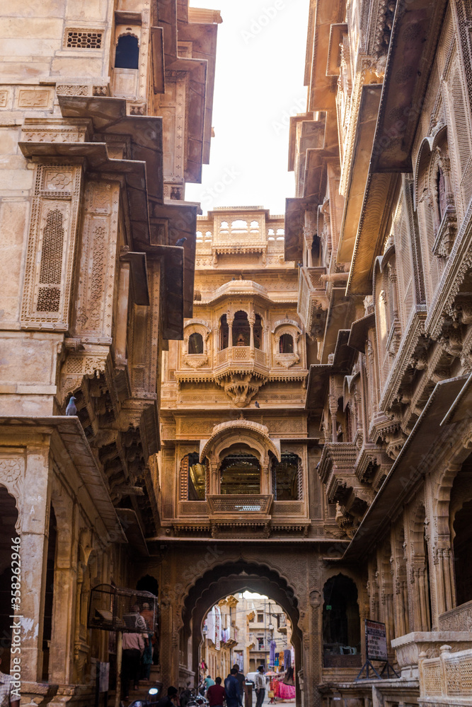 The lane in front of bagore ke haveli in rajasthan. Streets of Jaisalmer city also known as golden city due to yellow sandstone buildings.