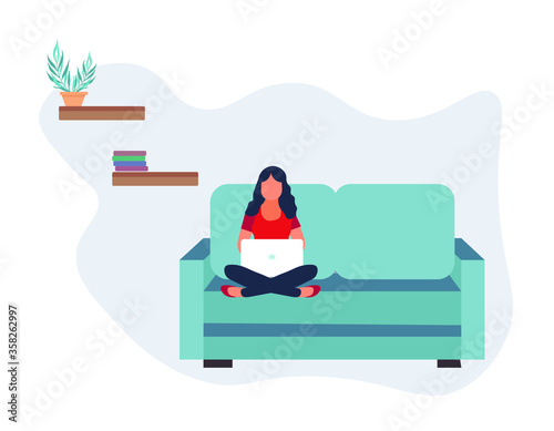 Girl with laptop sitting on the chair. Freelance or studying concept. Cute illustration in flat style.