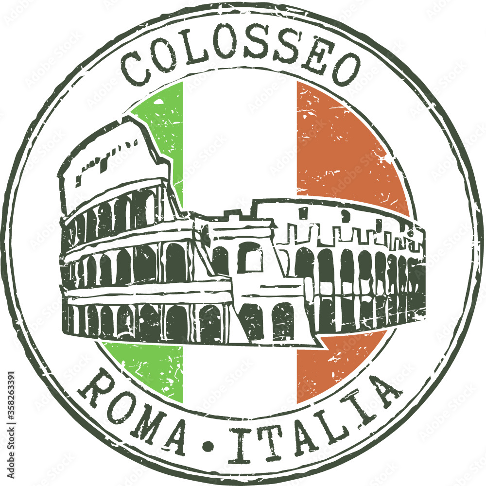 Rubber grunge stamp 'Colosseum-Rome-Italy' and italian flag Rubber grunge stamp 'Colosseum-Rome-Italy' and italian flag