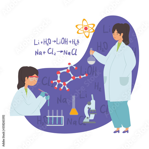 Girl in STEM flat vector illustration. E-learning, Girls in exact sciences, gender equality and stereotypes, Stem education concept. Girl is engaged in chemistry, flask, chemical formula, microscope.