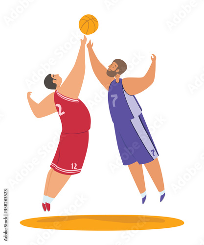 Basketball game flat vector illustration. Two guys, men play with the ball in sports uniforms and sneakers. Kicking the ball at the start of the match, blocking a shot or passing. Sports concept.