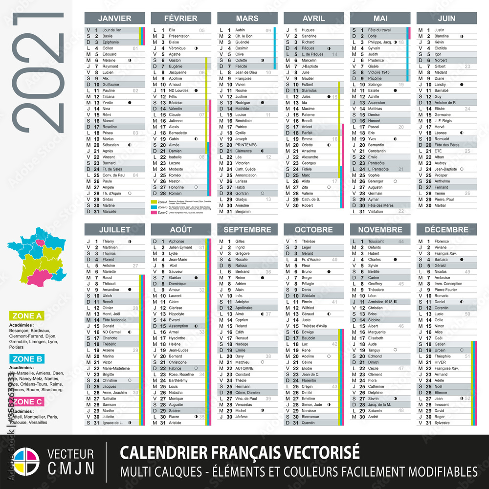 Calendrier français 2021 avec vacances scolaires, noms des saints du