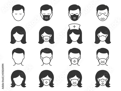 Man and Woman in medical mask icons. Black vector illustration.