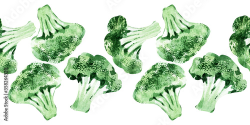 Watercolor seamless border with different types of cabbage. Brussels sprouts, broccoli and Kale