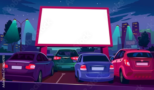 Outdoors car cinema with empty white screen vector illustration. Drive-in movie theater with open air parking flat style. Night city with glowing screen. Urban entertainment and film festival concept