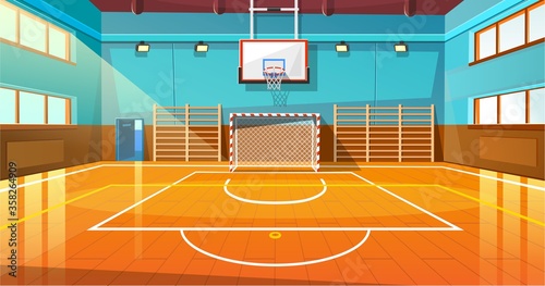 Shining basketball court with wooden floor vector illustration. Modern indoor stadium illuminated with spotlights cartoon design. Championship or tournament. Sport arena or hall for team games concept