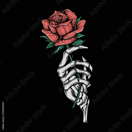 Hand drawing vintage skeleton holding flower vector illustration