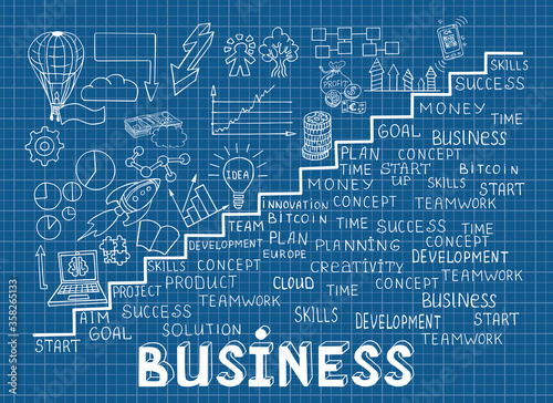 Business doodles Sketch set: infographics elements isolated, vector shapes. It include lots of icons included graphs, stats, devices, concepts, money. Vector doodle illustration. Blueprint wallpapers