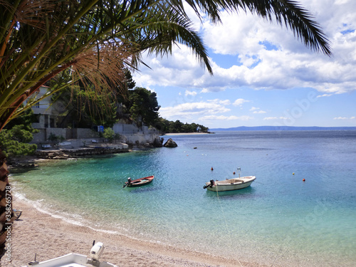 Punta Rata Beach with fishingboats and palmtree - Brela - Croatia