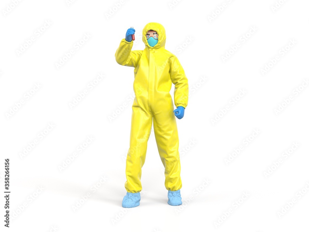 Medic in yellow hazmat suit looking on blood test Medic in yellow hazmat suit looking on blood test