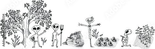Alien gardening vector sketches set