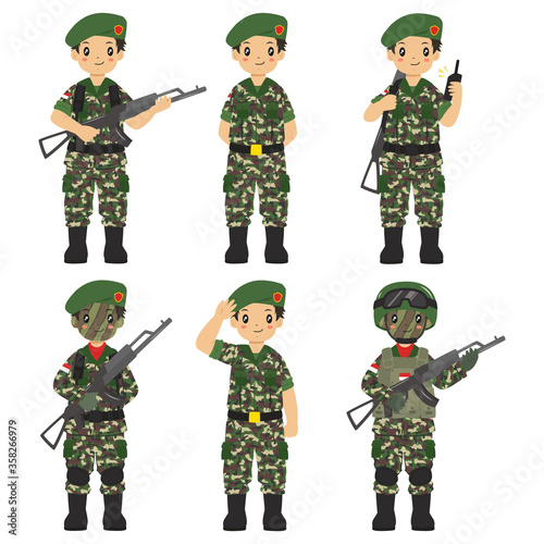Indonesia soldier vector set. Indonesia soldier with different gesture and holding a military weapon, isolated in white background.