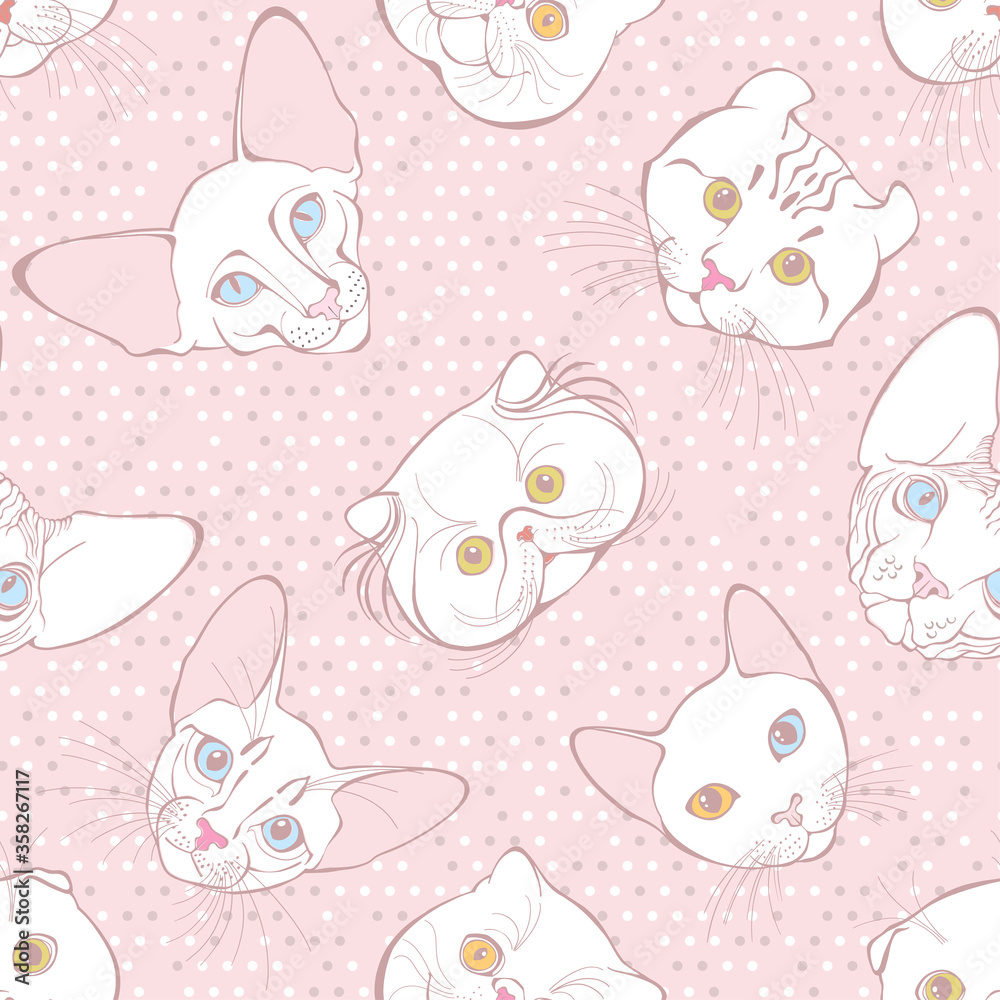 Seamless pattern with white cats of different breeds on a pink polka dot background. Hand-drawn vector illustration. Animal art background.
