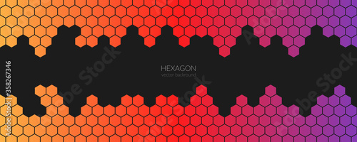 Vector abstract, geometric background, metallic oranges reds violets gradient colors hexagonal shapes on a dark gray background. For banner, print design, social networks, place for text. Copyspace.