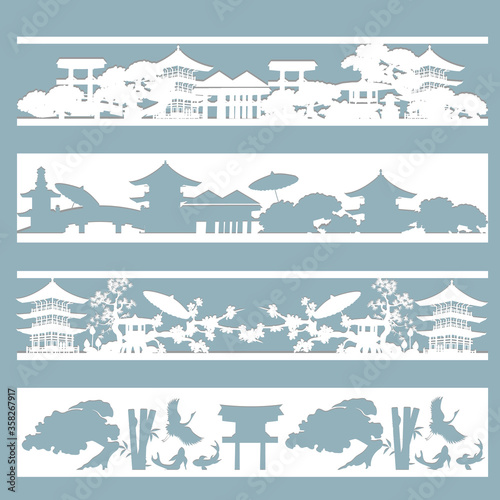 Paper cut set of stencils of Japanese landscapes. Panel for laser cutting. Bookmark set.