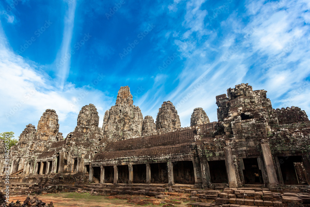 Ancient stone faces of Bayon temple  Angkor Cambodia