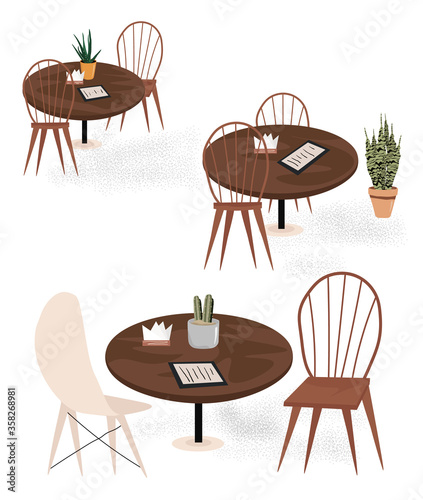 Empty restaurant tables during a pandemic and quarantine. Furniture for a cafe. Tables and chairs with flowers, napkins and menus. Nice vector flat illustration in cartoon style on a white background.