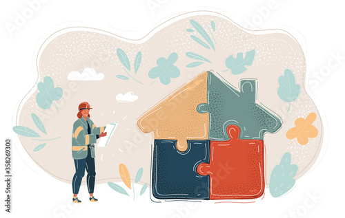 Vector illustration of woman with blueprint in her Hands. Building jigsaw part house.