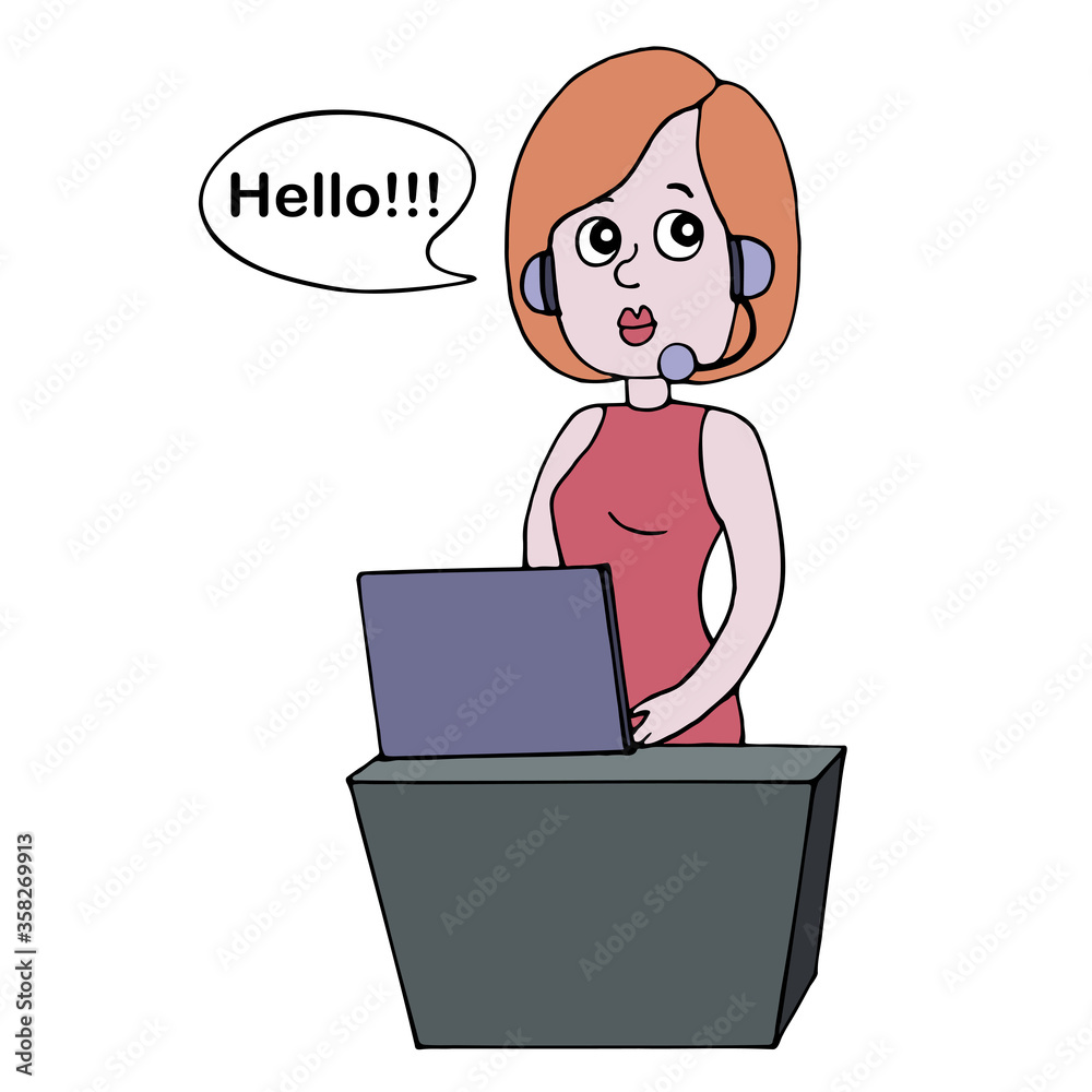 HELLO!!! The girl offers a job. Administrator, call center. Illustration HELLO!!! The girl offers a job. Administrator, call center. Illustration