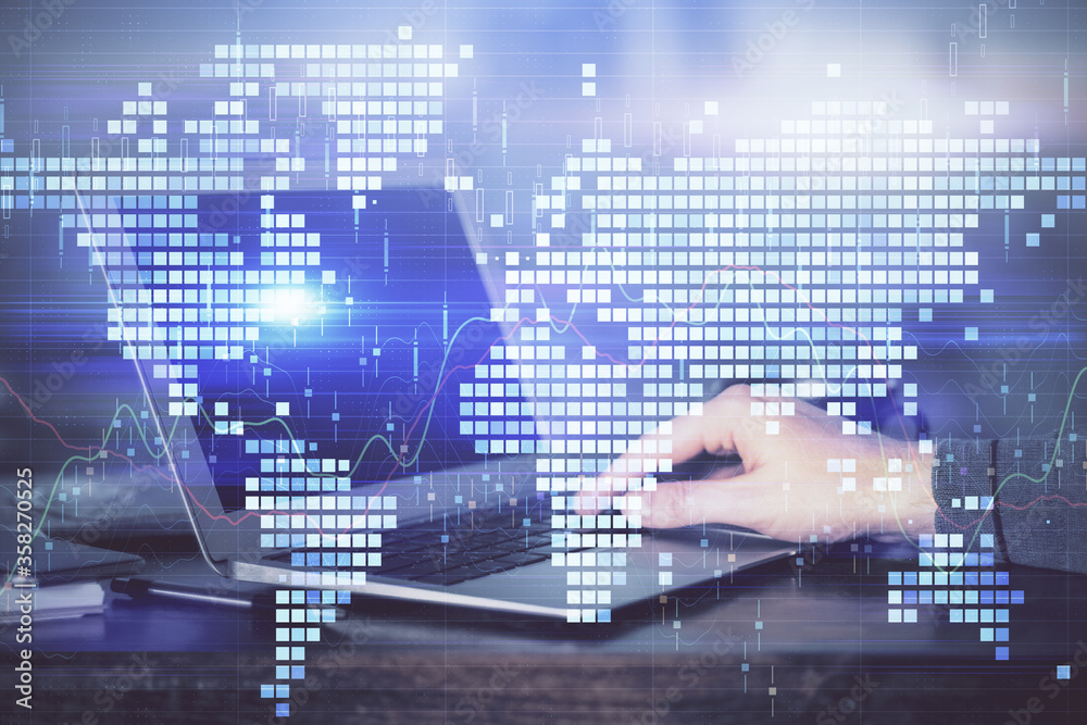 Multi exposure of businessman working on laptop on background. International business hologram in front. Concept of success. Multi exposure of businessman working on laptop on background. International business hologram in front. Concept of success.