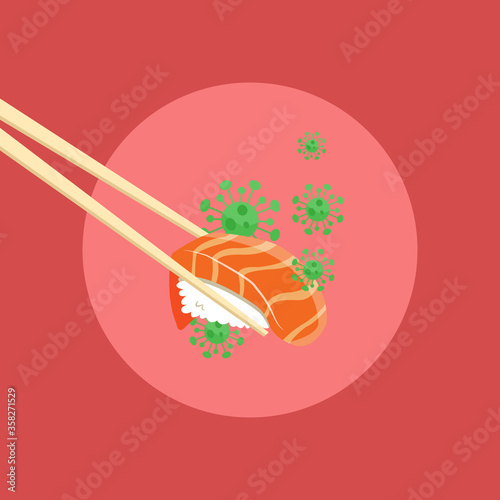 Illustration of salmon sushi that carry corona virus. Salmon has been linked to corona virus outbreak in China. Flat style vector design