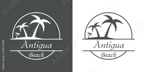 Símbolo destino de vacaciones. Icono plano texto Antigua Beach en círculo en fondo gris y fondo blanco