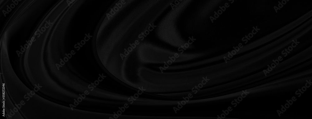 Black gray satin dark fabric texture luxurious shiny that is abstract silk cloth panorama background with patterns soft waves blur beautiful.