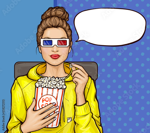 Vector pop art illustration of a beautiful brunette woman sitting in the auditorium, watching a 3D movie and eating popcorn. Girl in 3D glasses sits in a armchair and holds a container with sweet corn