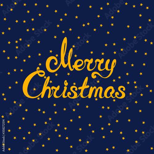 Blue background with gold stars, starry night sky and text Merry Christmas , holiday background, vector illustration