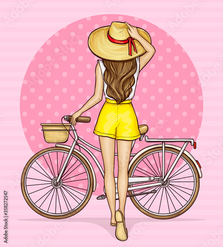 Pop art girl with yellow shorts and straw hat standing backwards with bicycle, vector illustration on pink background. Young woman near bike with basket, back view.