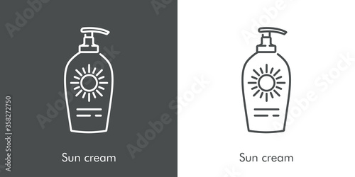 Concepto vacaciones de verano. Icono plano lineal dispensador de crema solar en fondo gris y fondo blanco