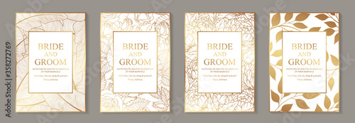 Modern luxury wedding invitation design or card templates for business or presentation or greeting with golden flowers on a white background.