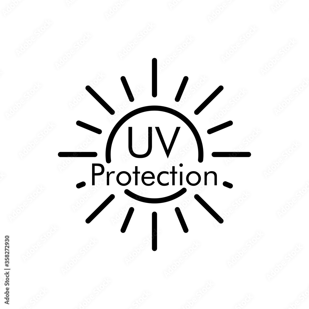 Concepto vacaciones de verano. Crema solar. Icono plano lineal texto UV Protection en sol en color negro Concepto vacaciones de verano. Crema solar. Icono plano lineal texto UV Protection en sol en color negro