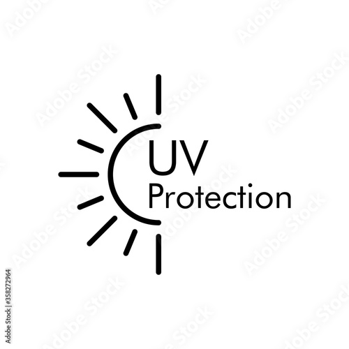 Concepto vacaciones de verano. Crema solar. Icono plano lineal texto UV Protection en sol en color negro