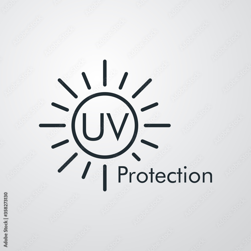 Concepto vacaciones de verano. Crema solar. Icono plano lineal texto UV Protection en sol en fondo gris Concepto vacaciones de verano. Crema solar. Icono plano lineal texto UV Protection en sol en fondo gris