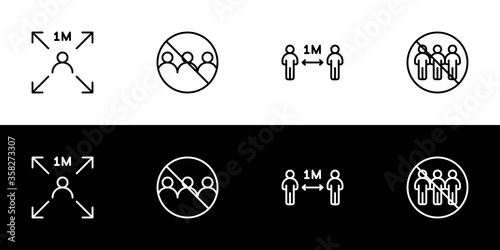 Social distancing icon set. Flat design icon collection isolated on black and white background. Virus prevention. Avoid close contact and crowd.