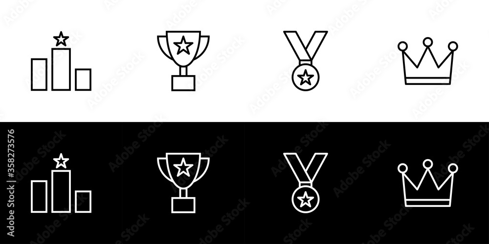 Winner symbol icon set. Flat design icon collection isolated on black and white background. Podium, trophy, medal, and crown. Winner symbol icon set. Flat design icon collection isolated on black and white background. Podium, trophy, medal, and crown.