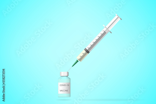 Covid-19 vaccine dose with label on tube with syringe 3D vector illustration