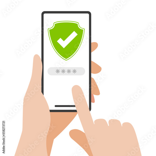 Hand holding smartphone with protection shield.Vector illustration of phone system protection.
