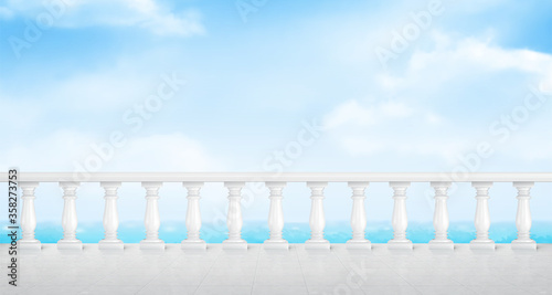 White marble balustrade on balcony with tiled floor and overlooking to sea. Stone handrail in classic roman style on terrace or seafront. Vector realistic landscape with baroque railing, ocean and sky