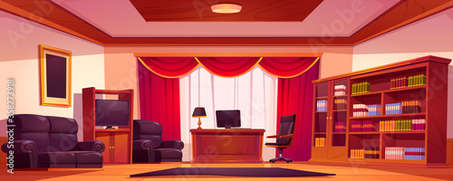Luxury office interior with wooden furniture, computer on table, sofa and bookcase. Vector cartoon illustration of empty chief cabinet in classic style with red curtains and paintings in golden frames