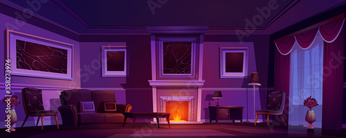 Luxury old living room, dark interior with burning fireplace, classic style furniture, leather couch, armchair and wood coffee table, floor lamp and flower vase. Night home cartoon vector illustration