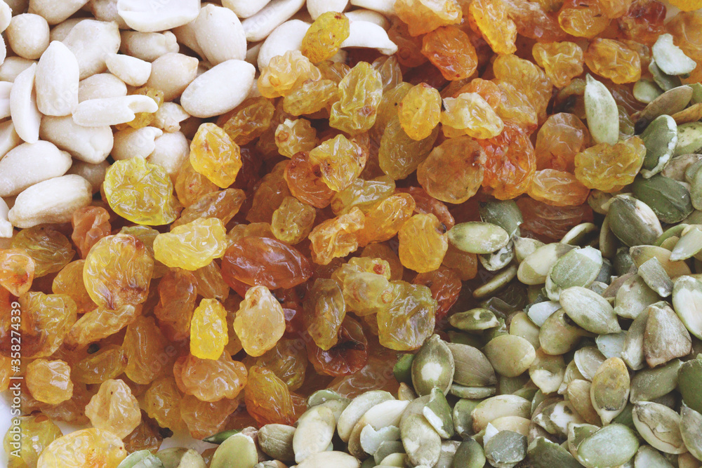 Raisins, peanuts, pumpkin seeds. Food. Raisins, peanuts, pumpkin seeds. Food.