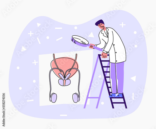 Vector flat illustration doctor standing on staircase, looking through magnifying glass at abstract male genital organs. Concept urology, andrology, sexology. Banners, social network, etc.