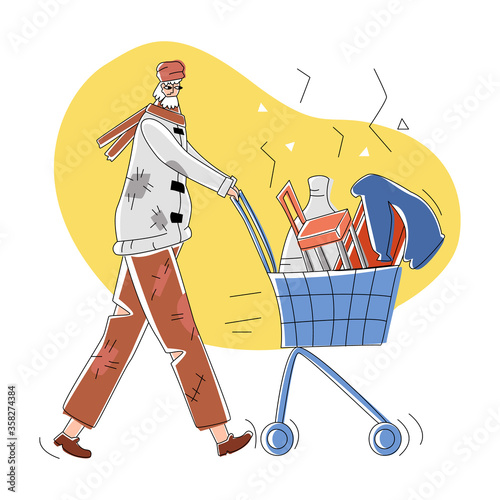 Vector flat illustration sad homeless beggar walking down street and pushing cart with trash. Concept poverty, social problems, volunteering, assistance. Landing pages, banners, social networks, etc.